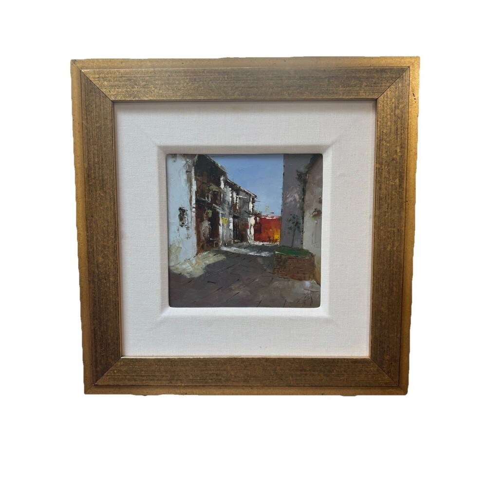 Original Jie Zhou Oil Painting 9.5"X9.5" Framed Chinese Water Town Street